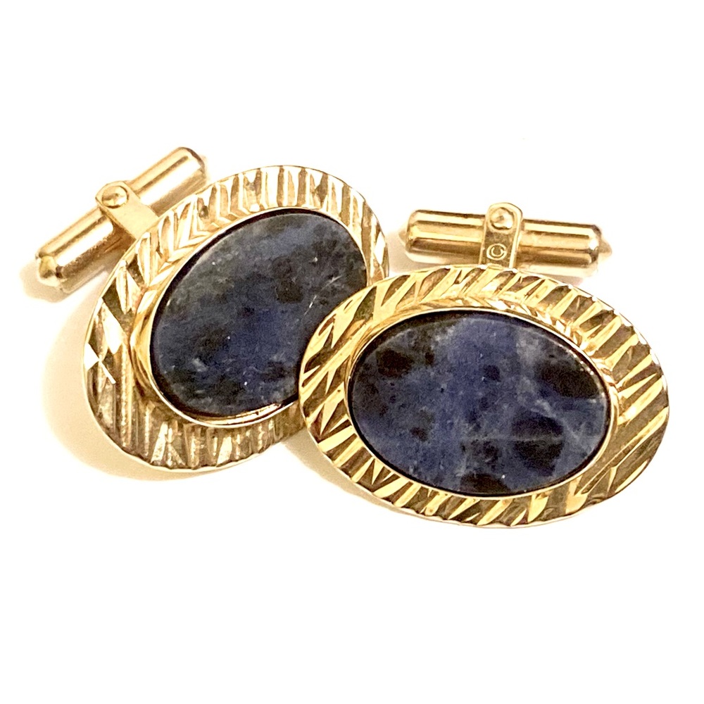 Vintage Destino Sodalite Cufflinks Mens Designer Blue Stone Gold Adjustable Back